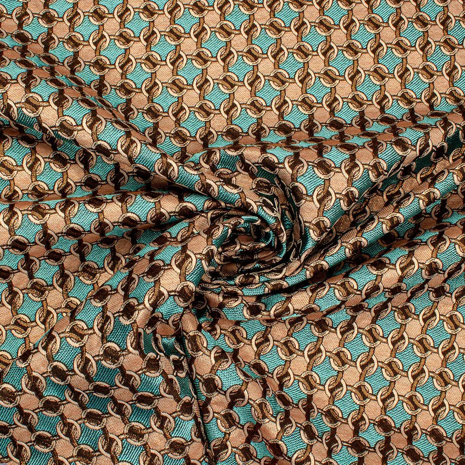 Turquoise/Brown Geometric Metallic Brocade