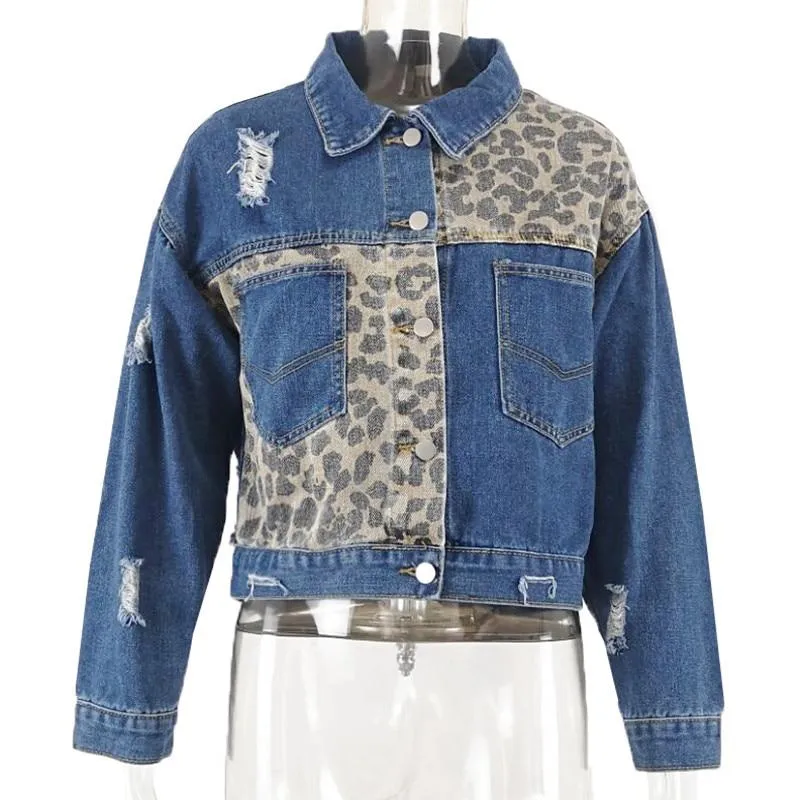 Women Vintage Leopard Denim Jacket Jean Coat Boyfriend Loose Denim