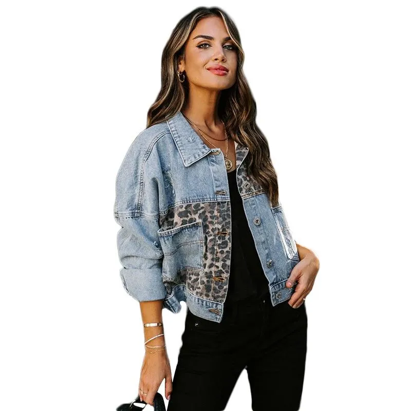 Women Vintage Leopard Denim Jacket Jean Coat Boyfriend Loose Denim