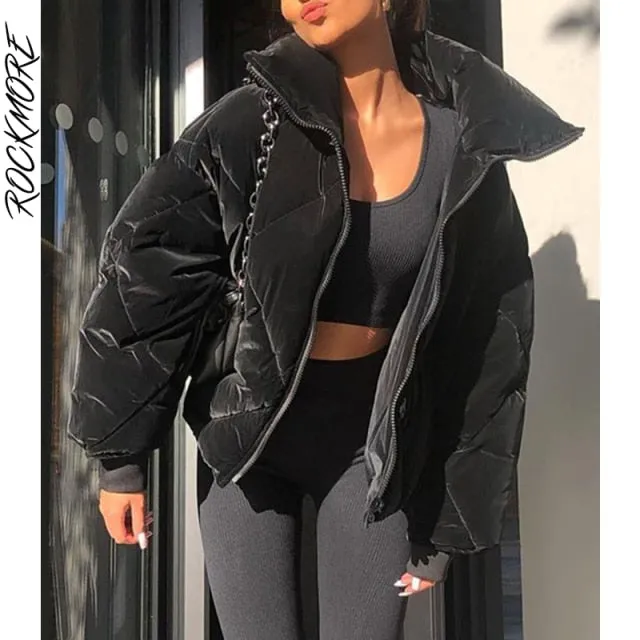 xakxx Winter Thick Warm Short Parkas Women Fashion Black Velvet Coats Women Elegant Zipper Crop Cotton Jackets Female Ladies