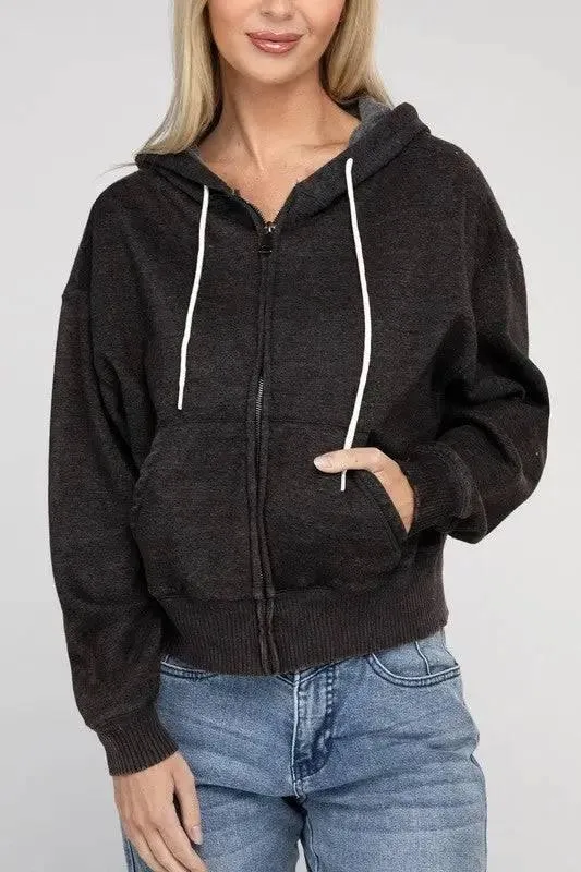 Zenana fleece cropped zip-up hoodie