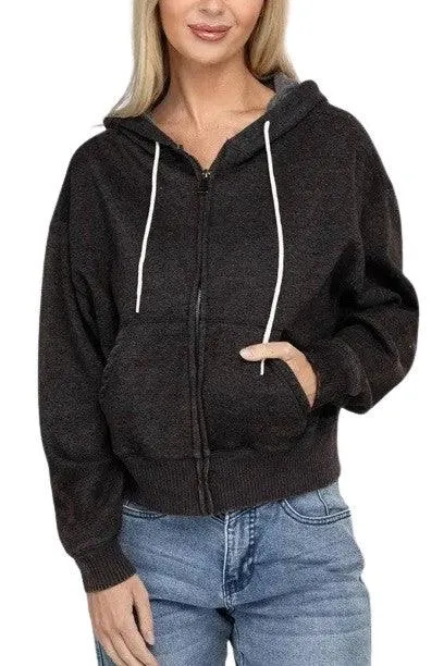 Zenana fleece cropped zip-up hoodie