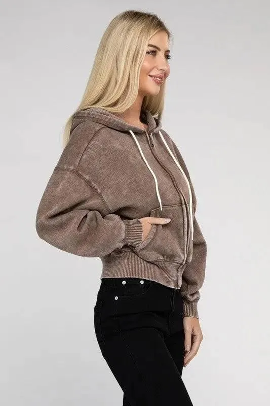 Zenana fleece cropped zip-up hoodie