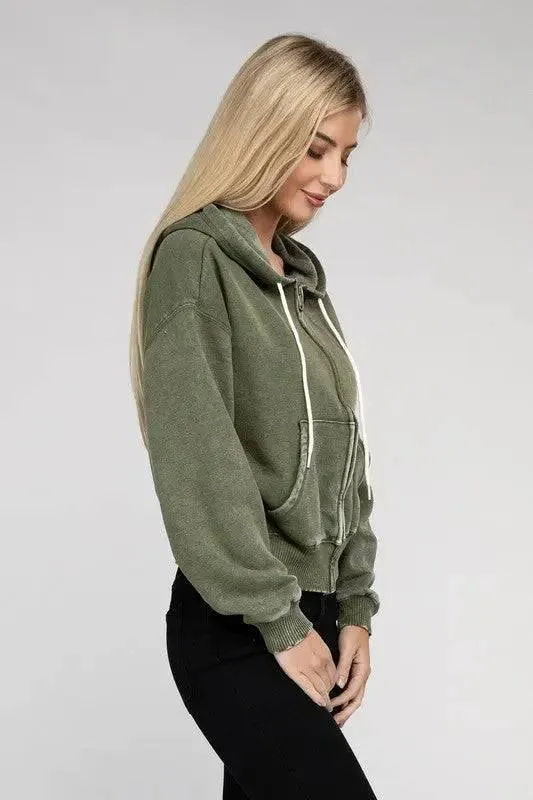 Zenana fleece cropped zip-up hoodie