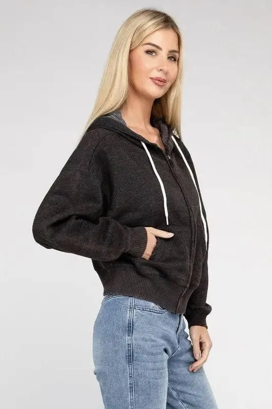 Zenana fleece cropped zip-up hoodie