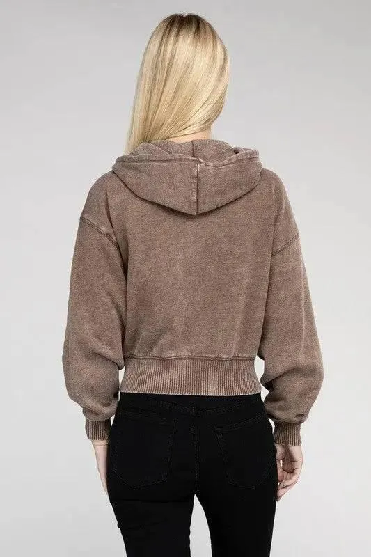 Zenana fleece cropped zip-up hoodie