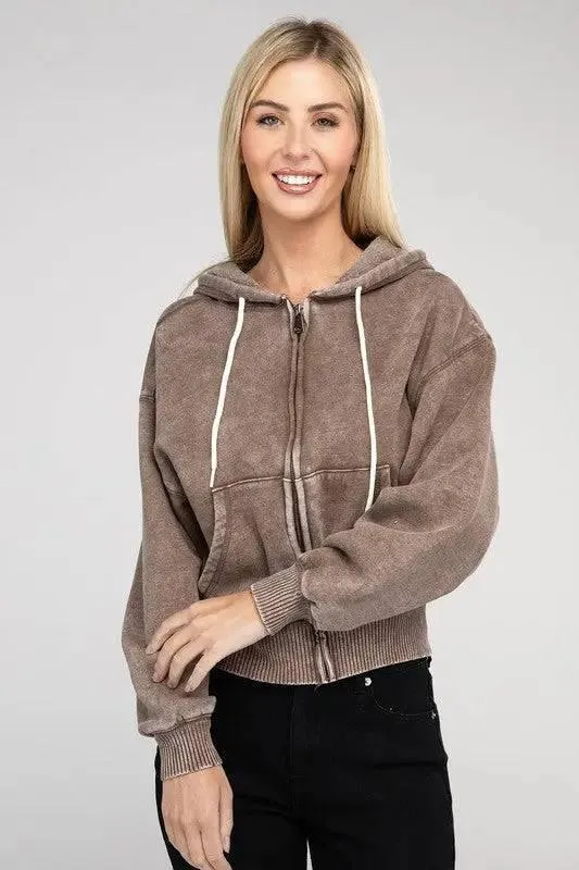 Zenana fleece cropped zip-up hoodie